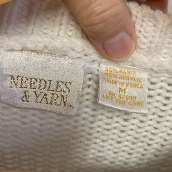 Vintage 80s Needles & Yarn Ivory Cable Knit Floral Yoke Crewneck Sweater Size M - Picture 6 of 13